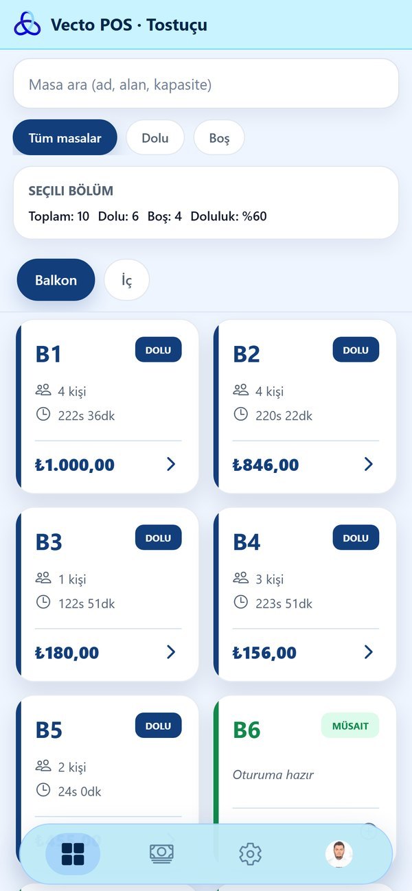 The tables screen in the VectoPos mobile app