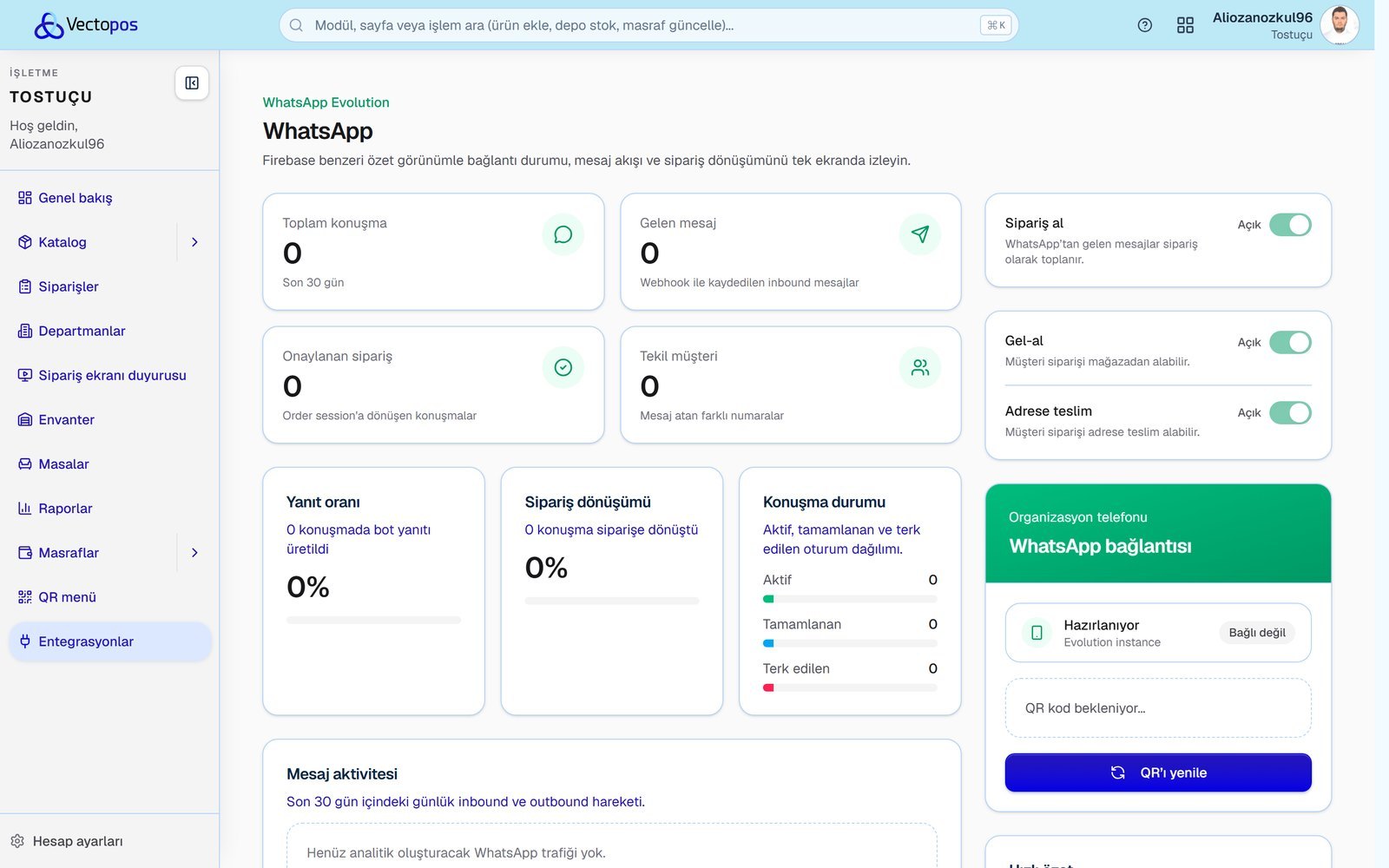 The VectoPos web panel: the WhatsApp orders screen