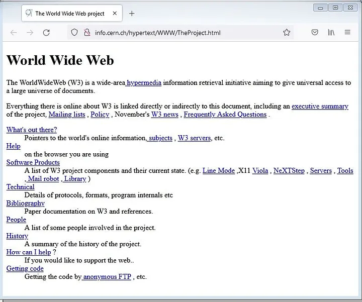 Hiç CSS yüklenmemiş, düz HTML olarak görünen ilk web sayfası (info.cern.ch)