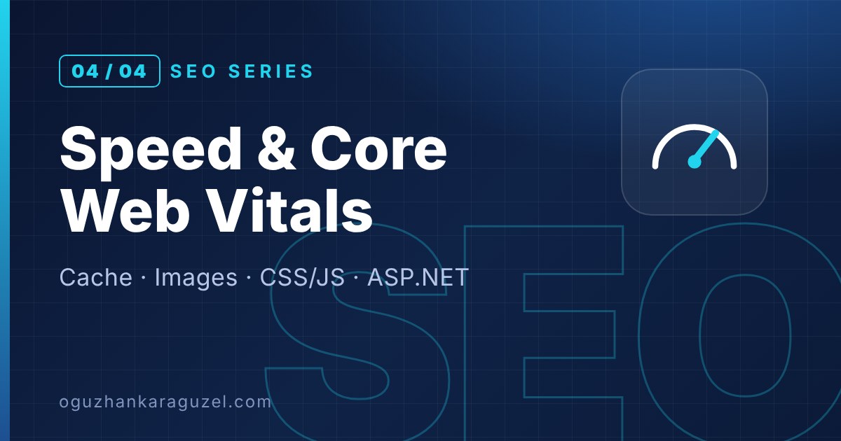 SEO serisi 4. bölüm kapak görseli: web sitesi hızı, cache, görsel, CSS/JS ve ASP.NET optimizasyonu