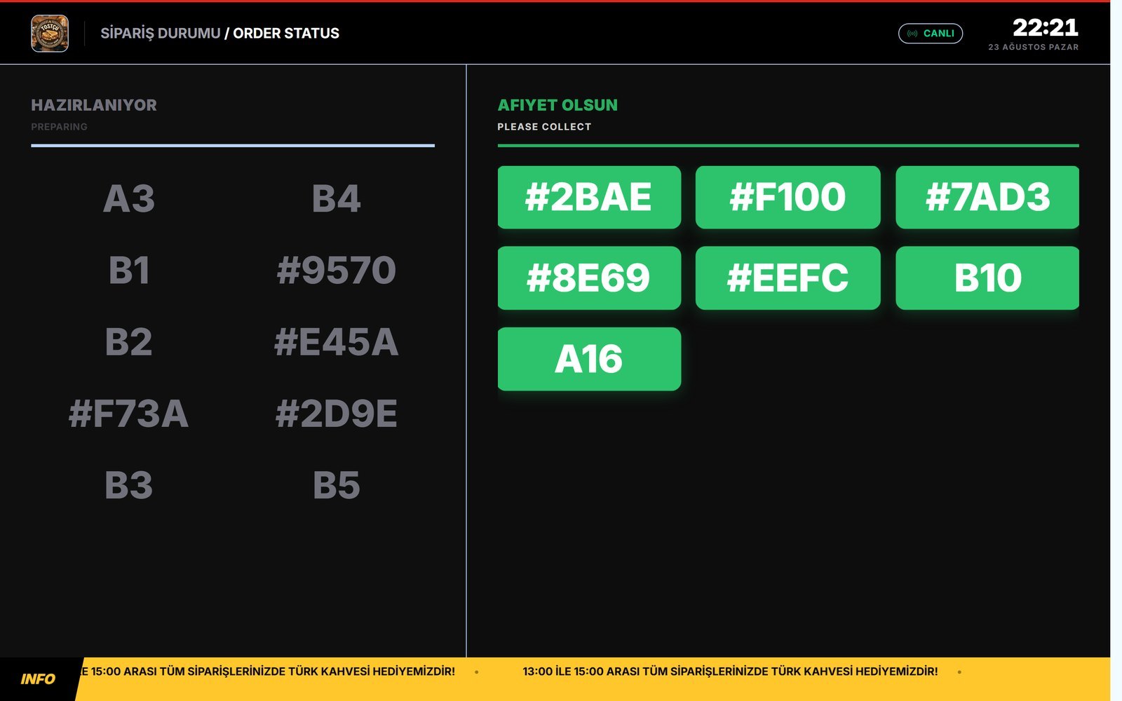 The VectoPos live order screen: orders being prepared and orders ready to collect