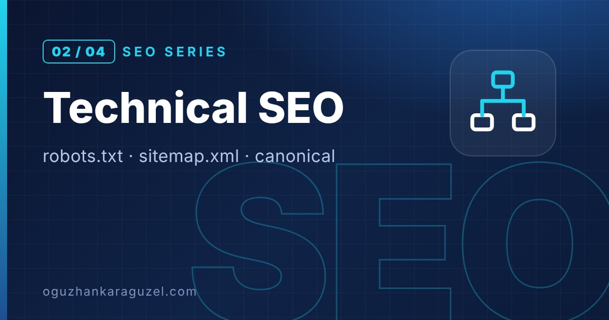 SEO serisi 2. bölüm kapak görseli: teknik SEO, robots.txt, sitemap.xml ve canonical